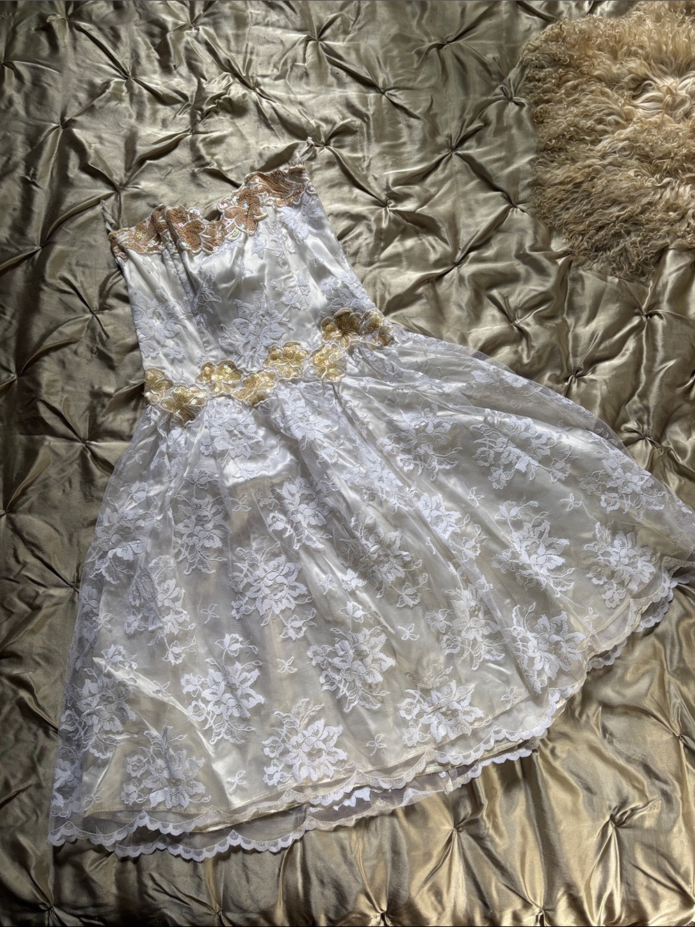 Vintage White Lace Dress with Gold Floral Trim